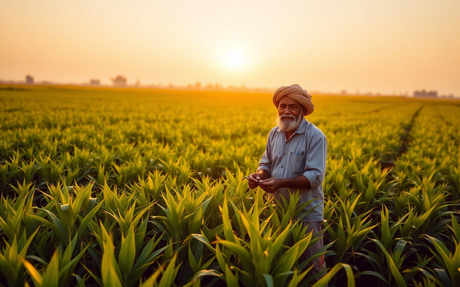 Indian farmer in a healthy crop field at sunrise